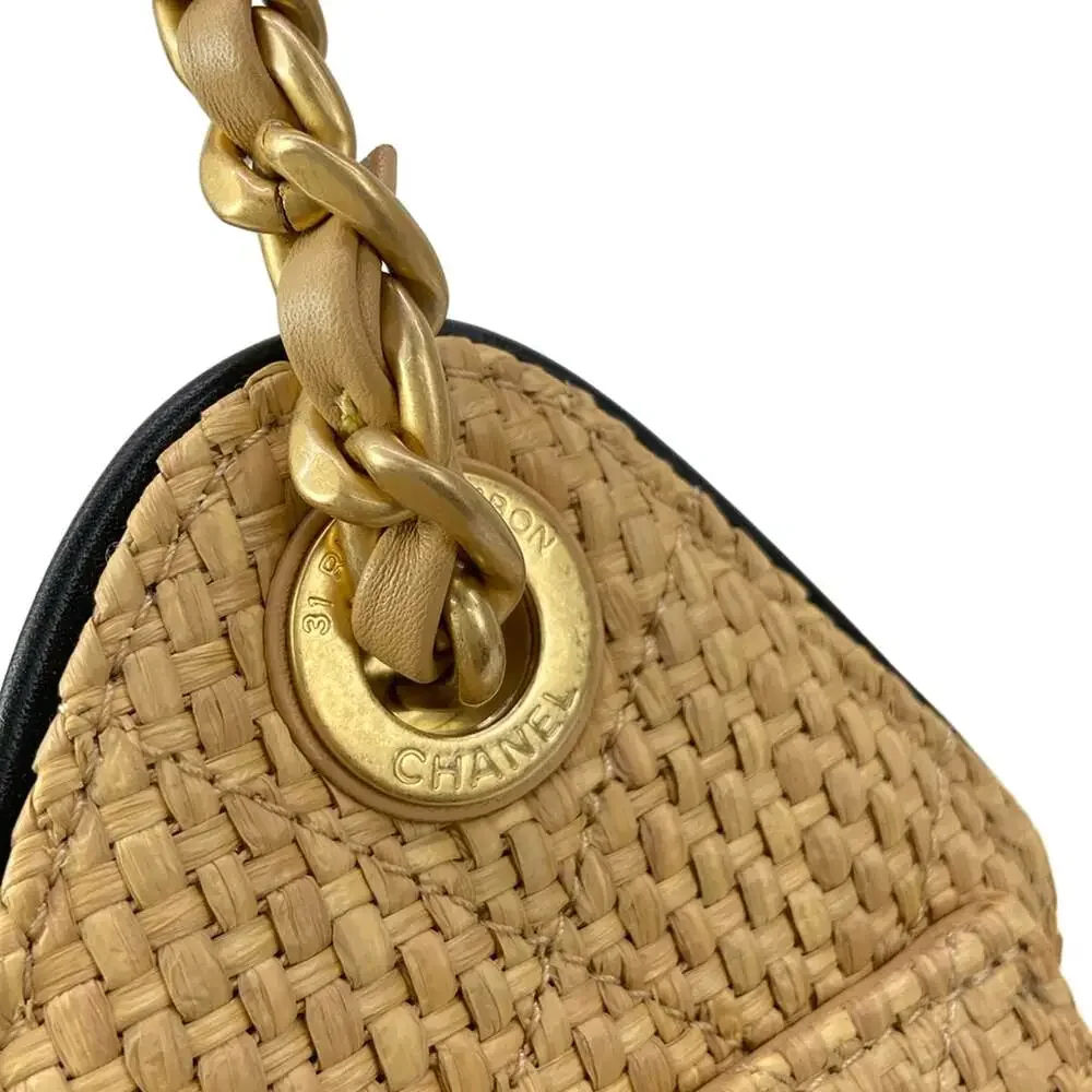 Chanel 25 Shoulder Bag Beige Black Raffia Leather